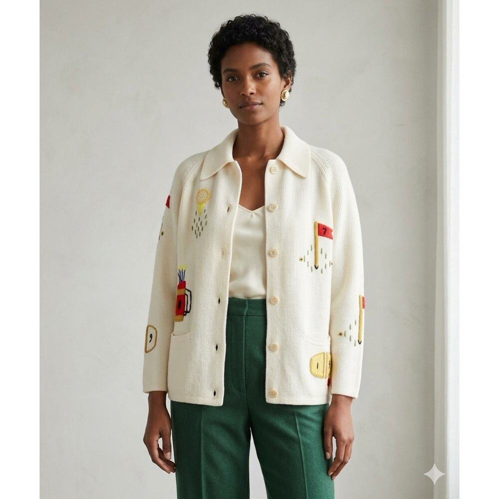 VTG LeRoy Knitwear Novelty Golf Embroidered Cardigan Sweater 50s 60s Grandmaco